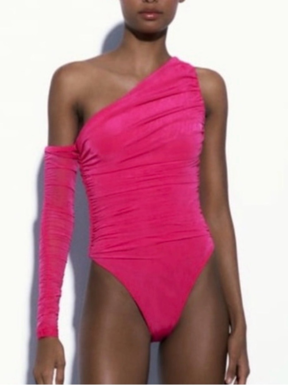 NWT Zara asymmetric mesh ruched bodysuit in hot pink. Size Medium